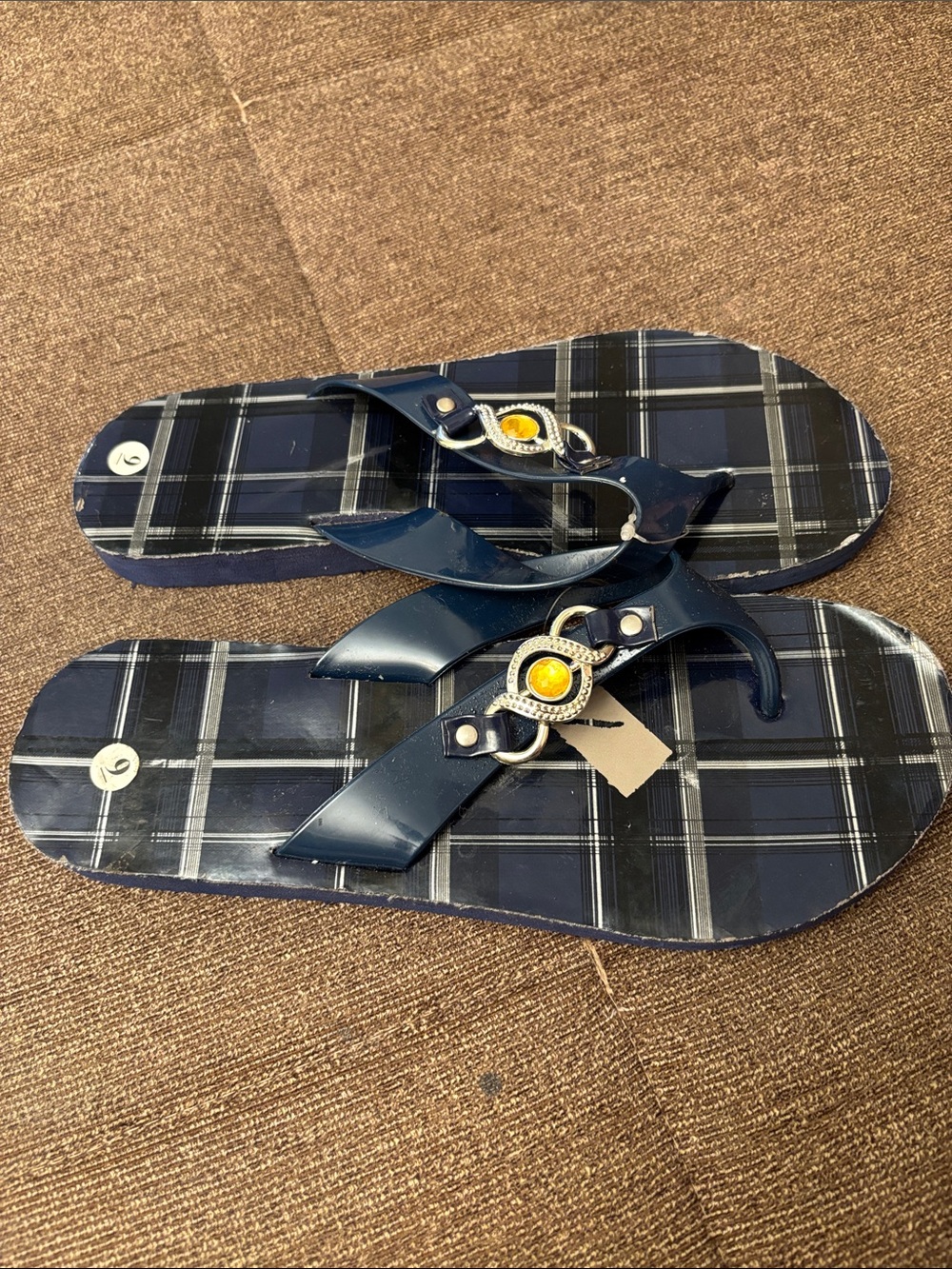 Casual Navy Plaid Women's Thong Sandals with Decorative Accent